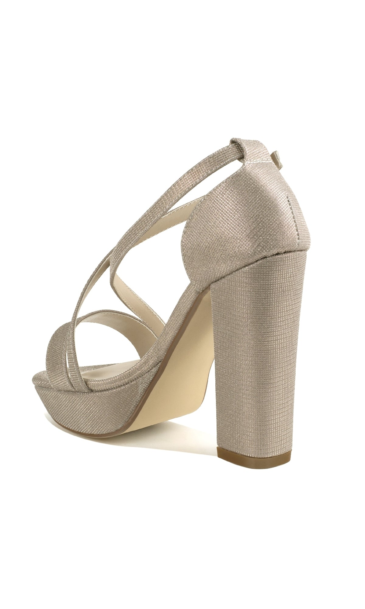 The Chloe Champagne Shimmer Prom Shoes by Touch Ups 4648 feature block heels, crisscross straps, and a textured finish. Photographed from the back on a white background, they're perfect prom shoes for any special occasion.